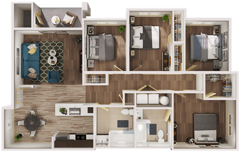 Floor plan for 4 beds, 2 baths, 1392 sqft